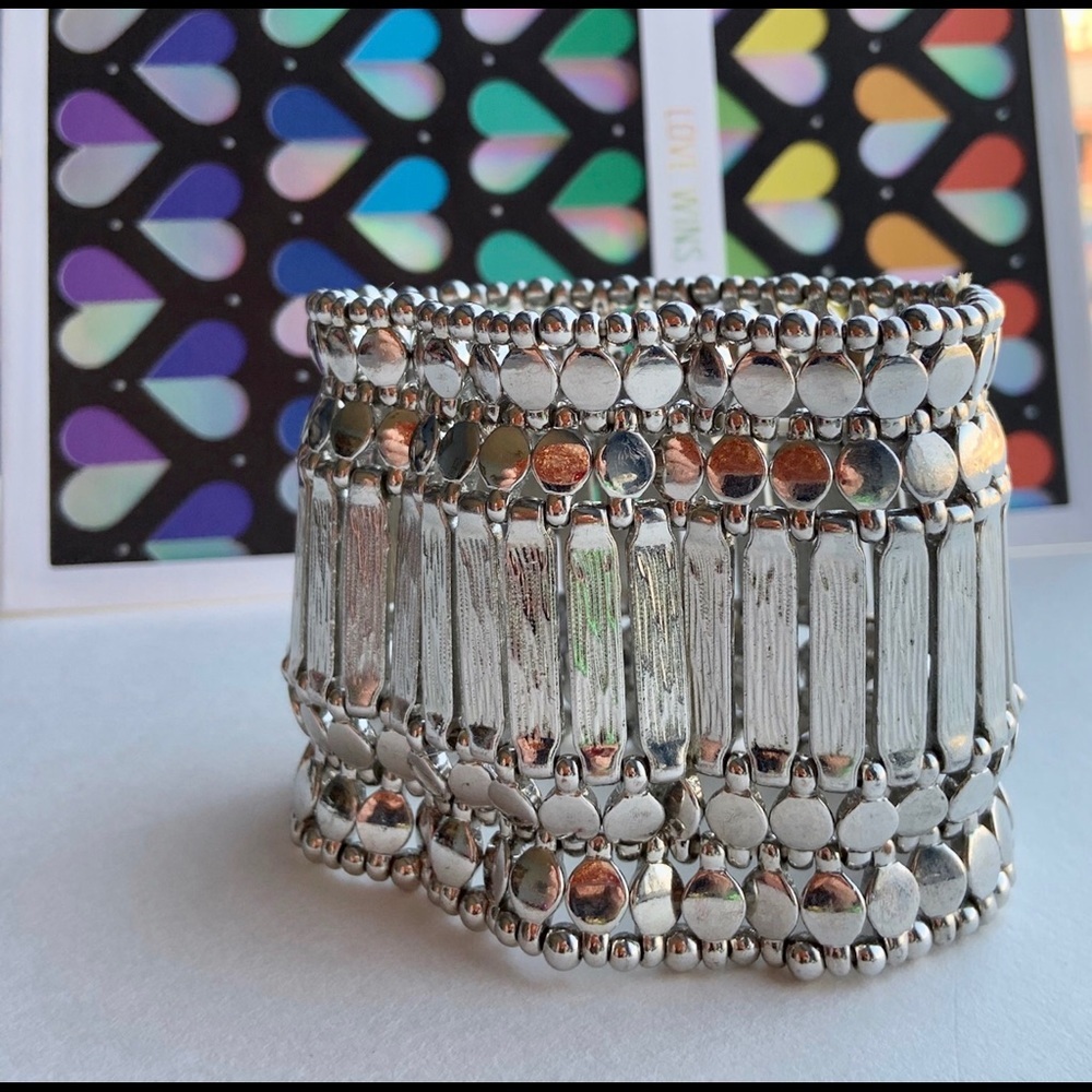 Wide silver cuff stretch bracelet